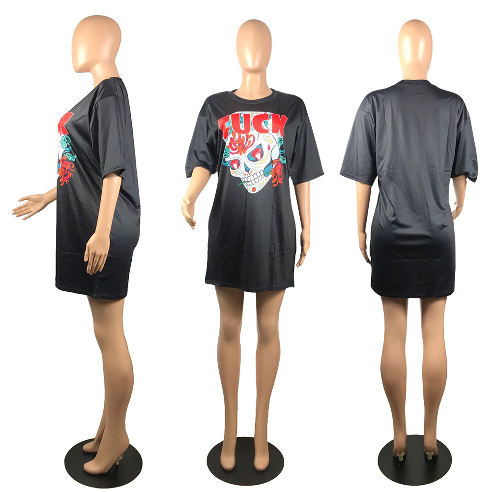 Women's Summer Fashion Skull Print Long T-shirt