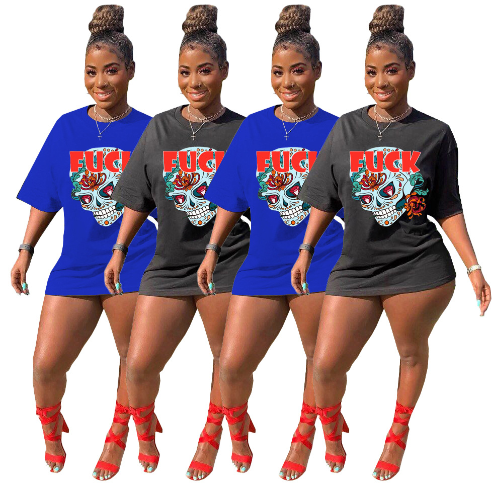 Women's Summer Fashion Skull Print Long T-shirt