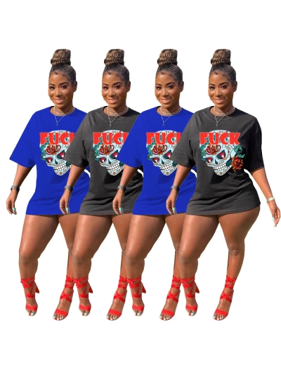 Women's Summer Fashion Skull Print Long T-shirt 02