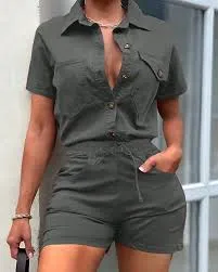 Summer Fashion Solid Color Button Short Sleeve Jumpsuit review Emily Johnson