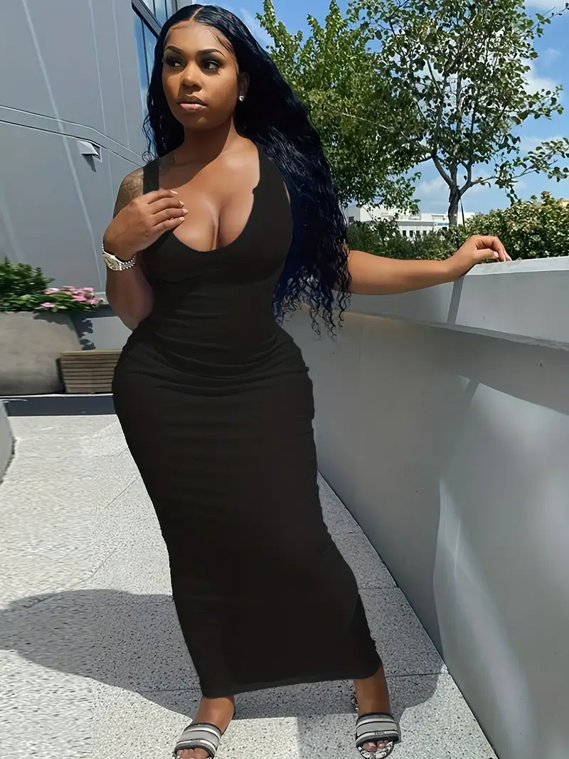 Side Pleated Slim Wide Shoulder Strap Solid Color Dress review Emily Carter