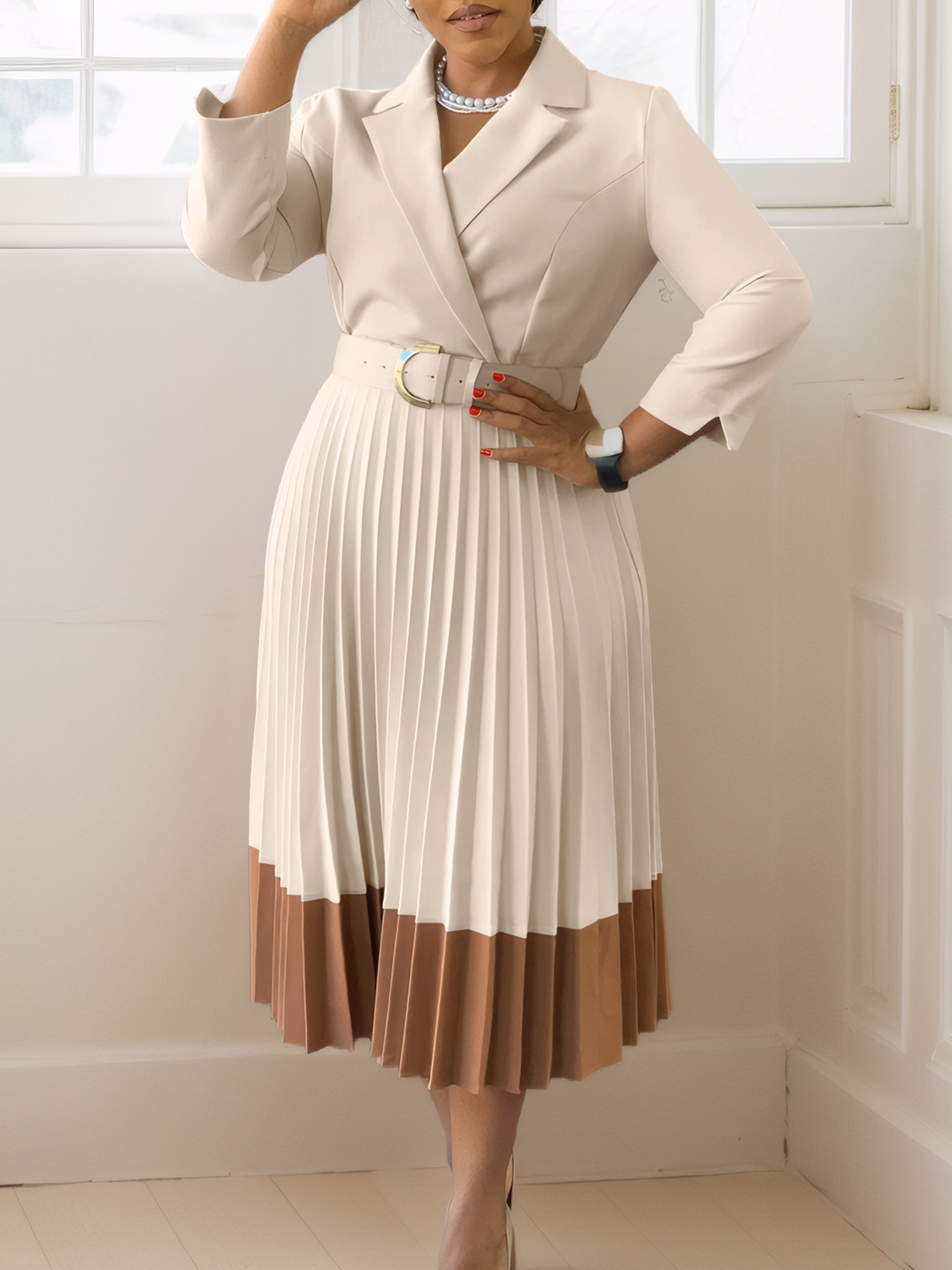 Autumn And Winter Suit Collar Fashionable OL Elegant Pleated Dress