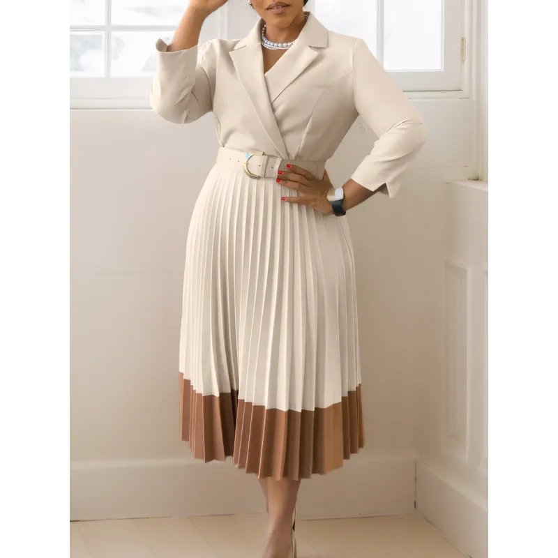 Autumn And Winter Suit Collar Fashionable OL Elegant Pleated Dress