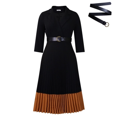 Autumn And Winter Suit Collar Fashionable OL Elegant Pleated Dress 01