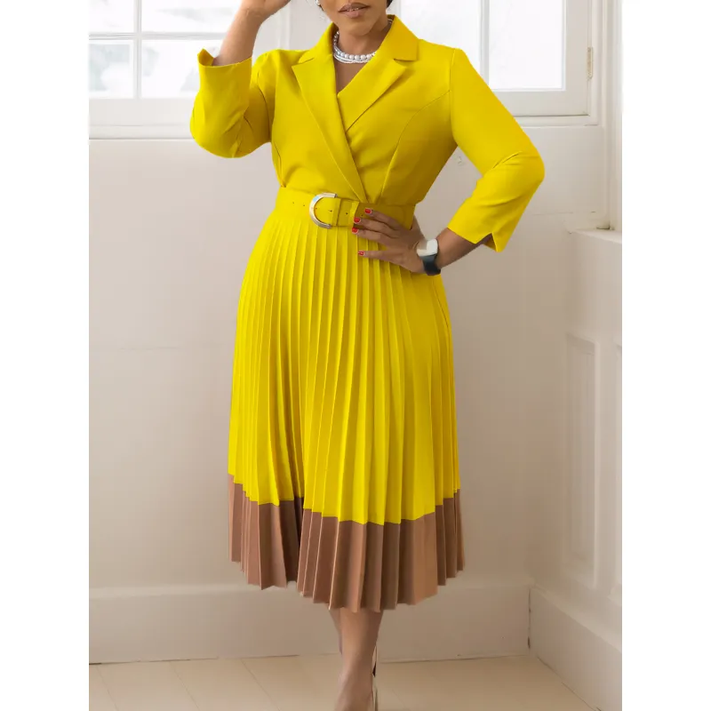 Autumn And Winter Suit Collar Fashionable OL Elegant Pleated Dress