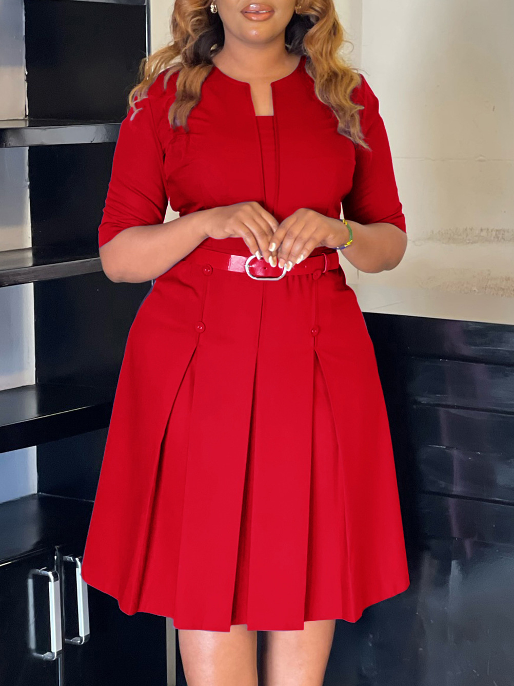 Autumn Fashion Temperament Solid Color Five-Quarter Sleeve Dresss