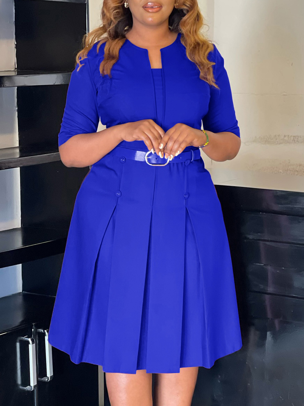 Autumn Fashion Temperament Solid Color Five-Quarter Sleeve Dresss