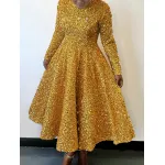 Round Neck Long Sleeve Solid Color Sequin Midi Dress