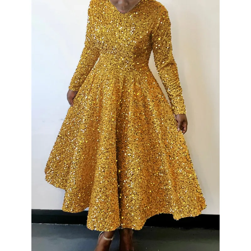 Round Neck Long Sleeve Solid Color Sequin Midi Dress