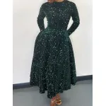 Round Neck Long Sleeve Solid Color Sequin Midi Dress