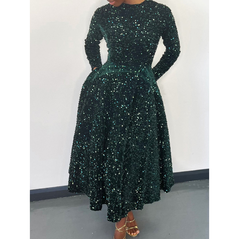 Round Neck Long Sleeve Solid Color Sequin Midi Dress
