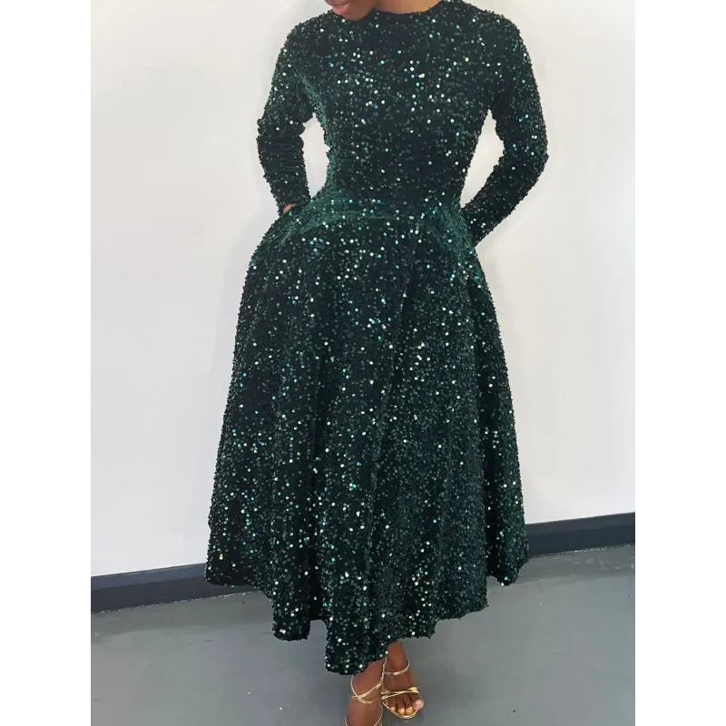Round Neck Long Sleeve Solid Color Sequin Midi Dress