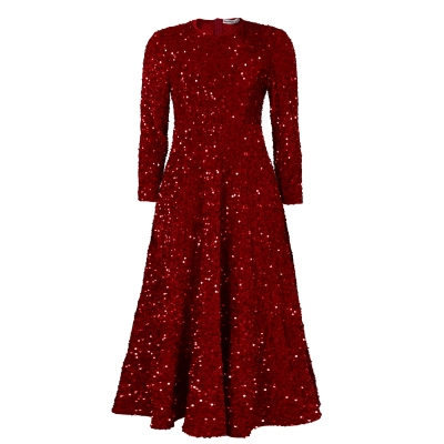 Round Neck Long Sleeve Solid Color Sequin Midi Dress 01