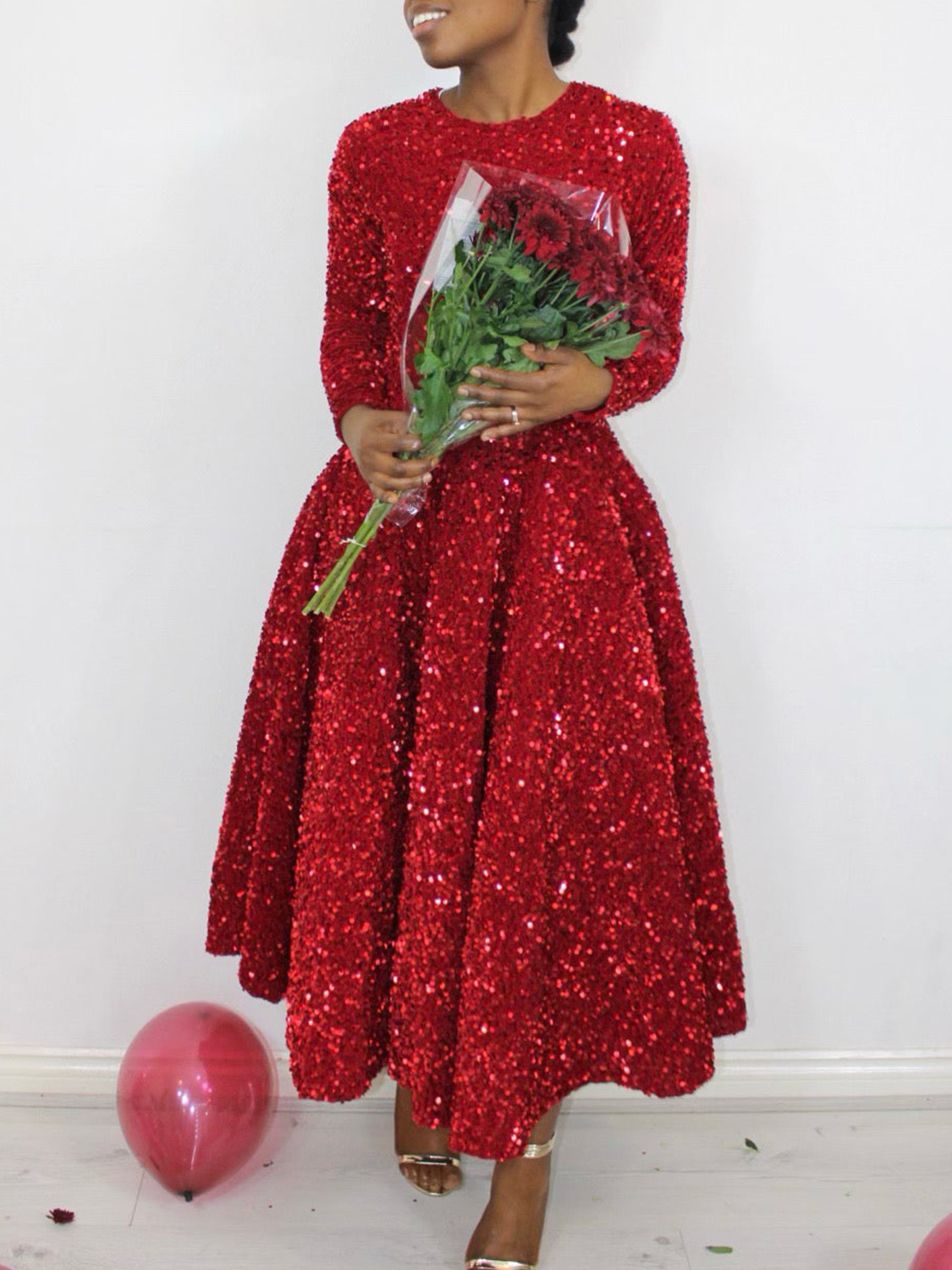 Round Neck Long Sleeve Solid Color Sequin Midi Dress