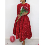 Round Neck Long Sleeve Solid Color Sequin Midi Dress