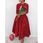 Round Neck Long Sleeve Solid Color Sequin Midi Dress
