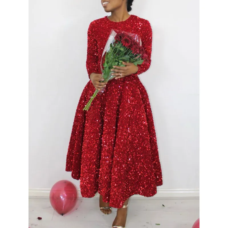 Round Neck Long Sleeve Solid Color Sequin Midi Dress
