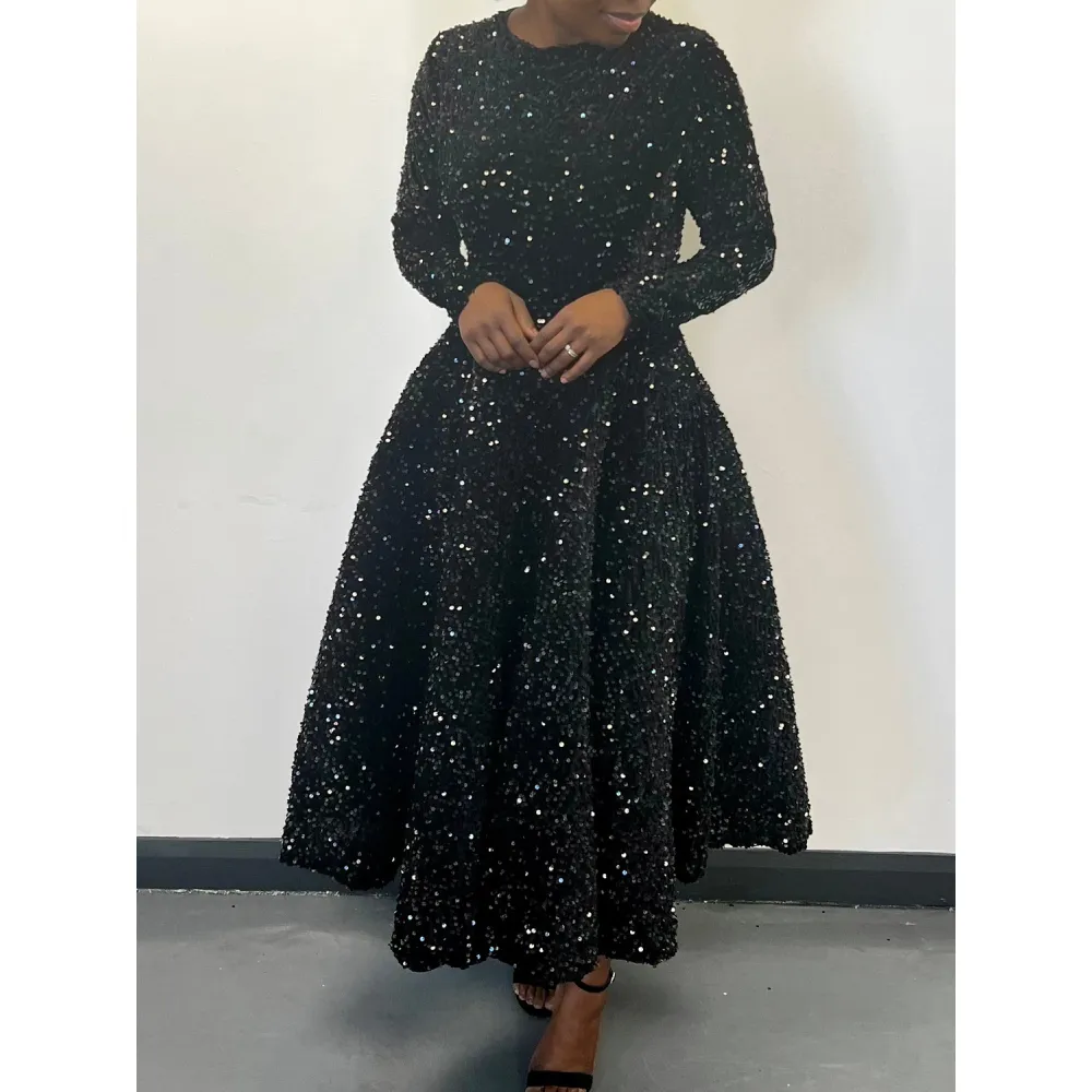 Round Neck Long Sleeve Solid Color Sequin Midi Dress
