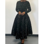 Round Neck Long Sleeve Solid Color Sequin Midi Dress