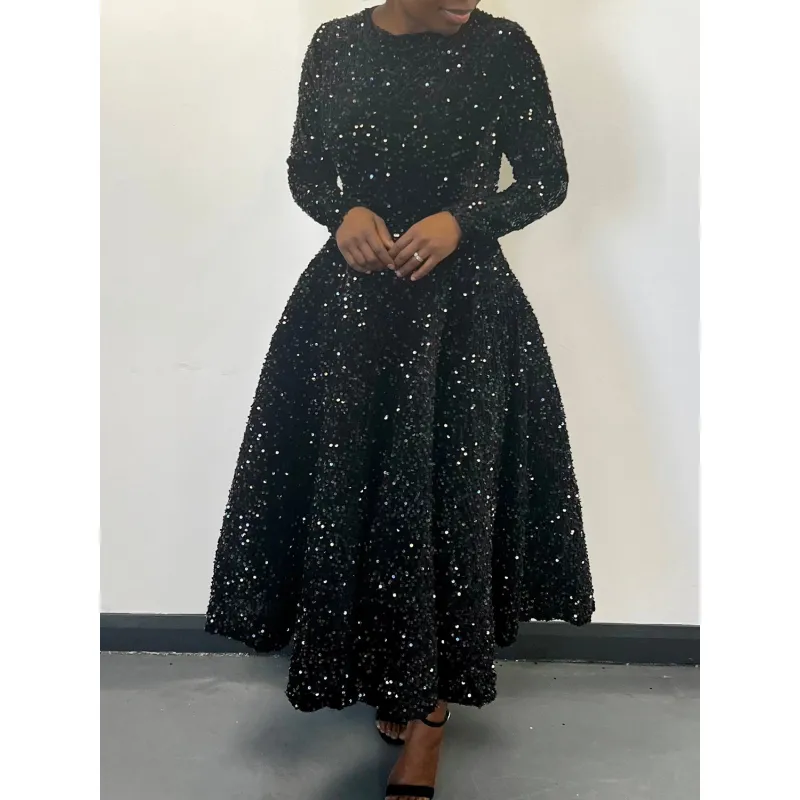 Round Neck Long Sleeve Solid Color Sequin Midi Dress