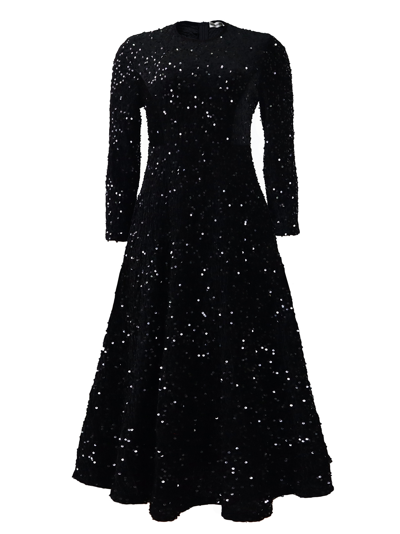 Round Neck Long Sleeve Solid Color Sequin Midi Dress