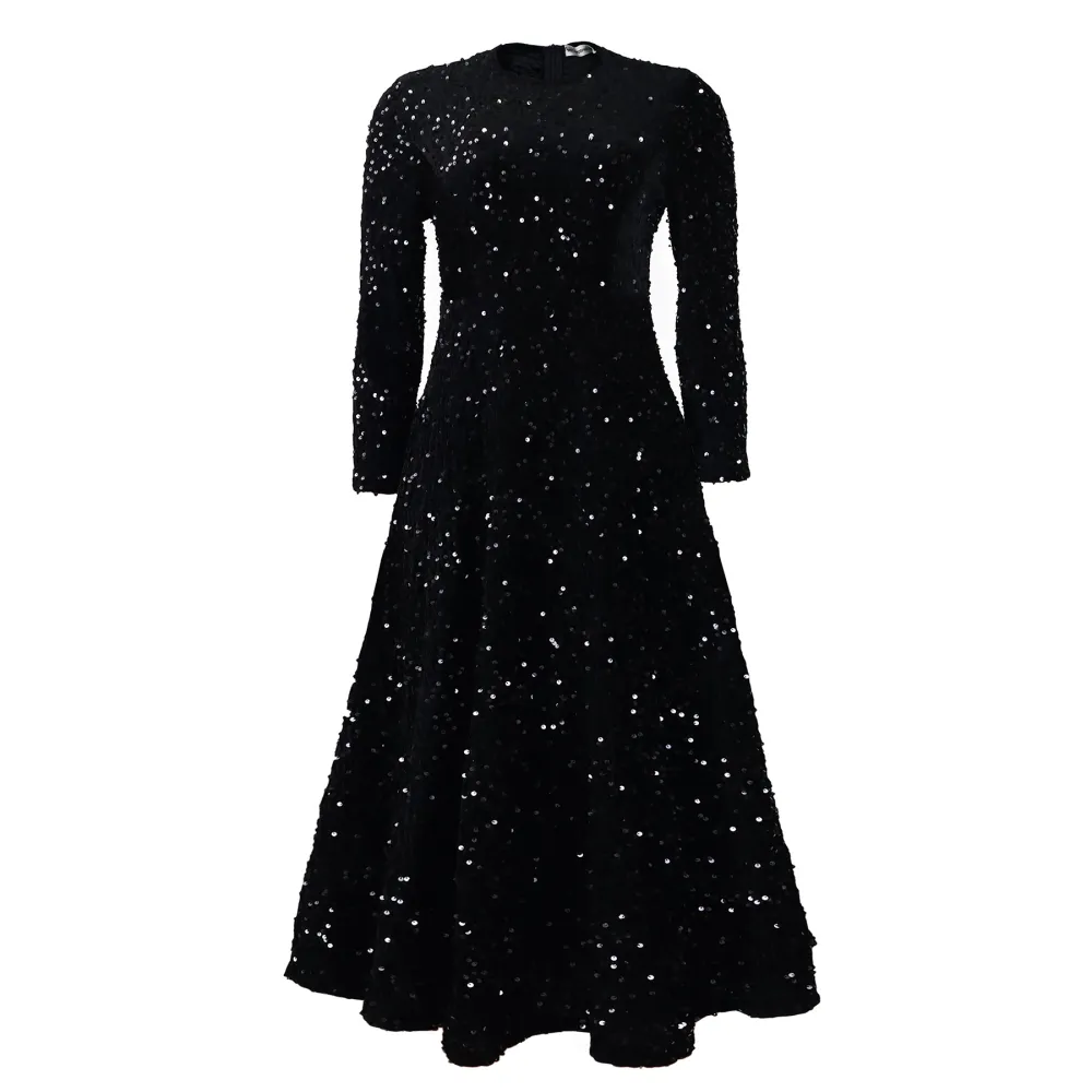 Round Neck Long Sleeve Solid Color Sequin Midi Dress