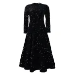 Round Neck Long Sleeve Solid Color Sequin Midi Dress