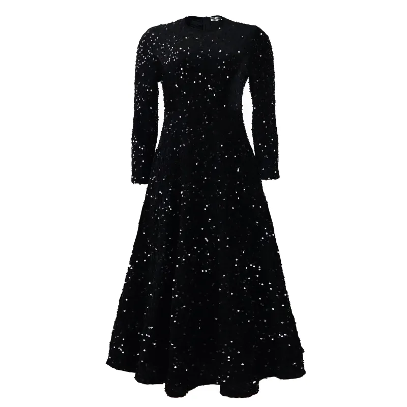 Round Neck Long Sleeve Solid Color Sequin Midi Dress