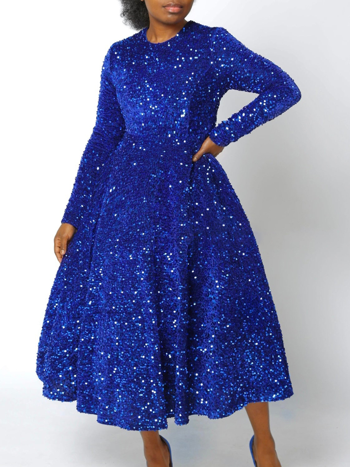 Round Neck Long Sleeve Solid Color Sequin Midi Dress