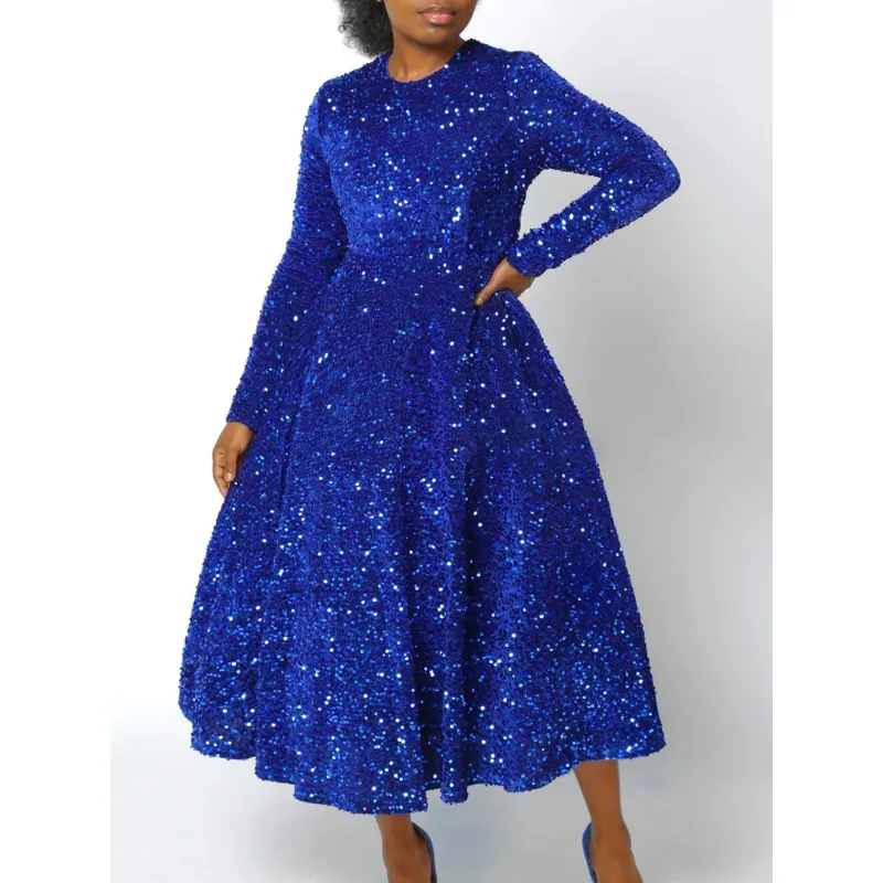 Round Neck Long Sleeve Solid Color Sequin Midi Dress