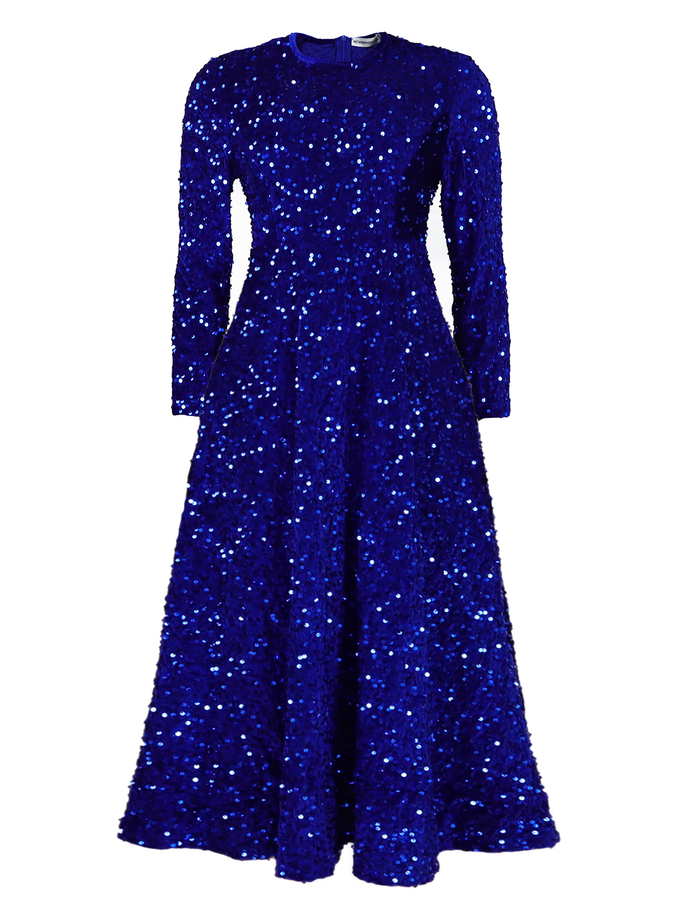 Round Neck Long Sleeve Solid Color Sequin Midi Dress