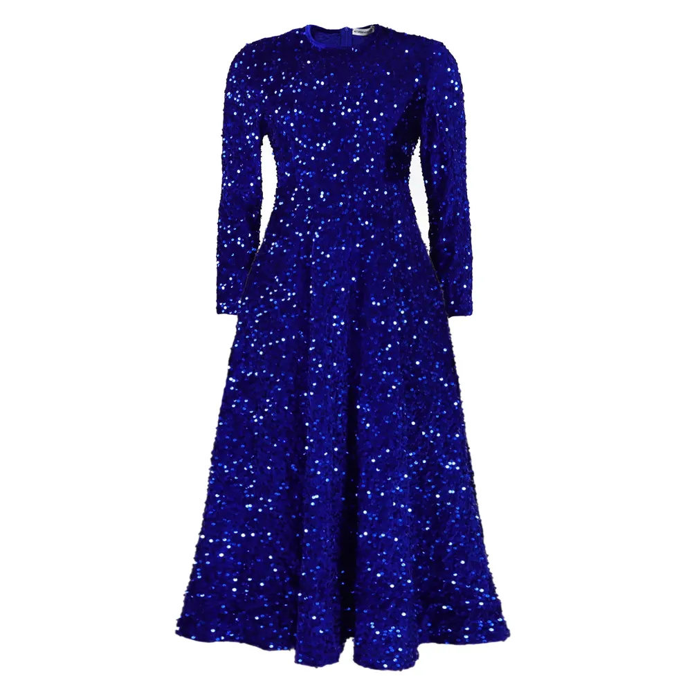Round Neck Long Sleeve Solid Color Sequin Midi Dress