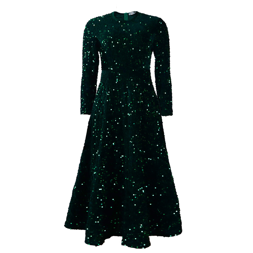 Round Neck Long Sleeve Solid Color Sequin Midi Dress