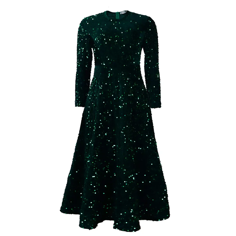 Round Neck Long Sleeve Solid Color Sequin Midi Dress