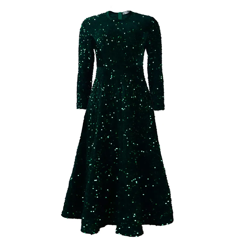 Round Neck Long Sleeve Solid Color Sequin Midi Dress