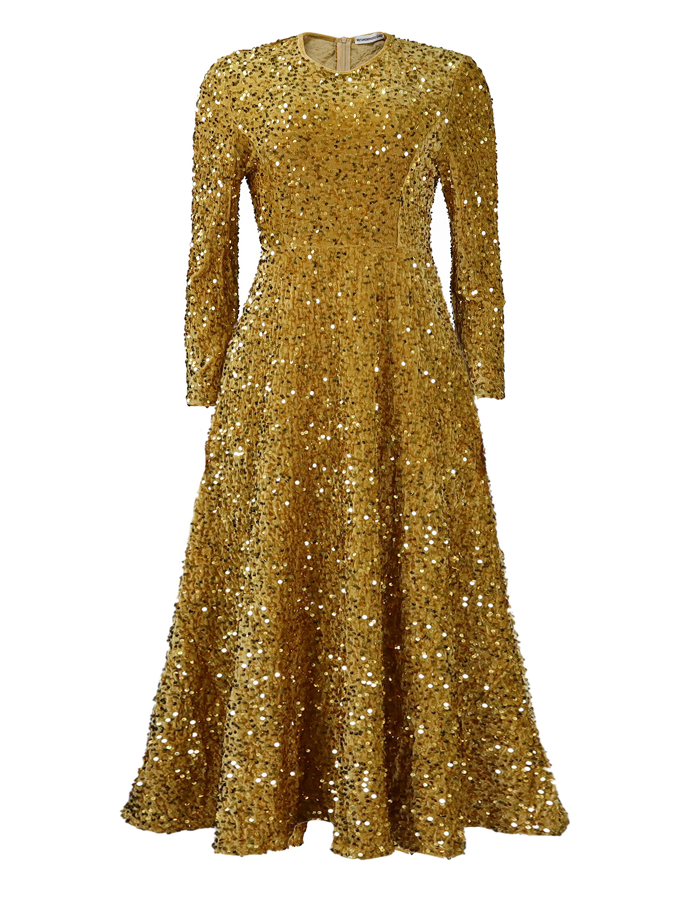 Round Neck Long Sleeve Solid Color Sequin Midi Dress