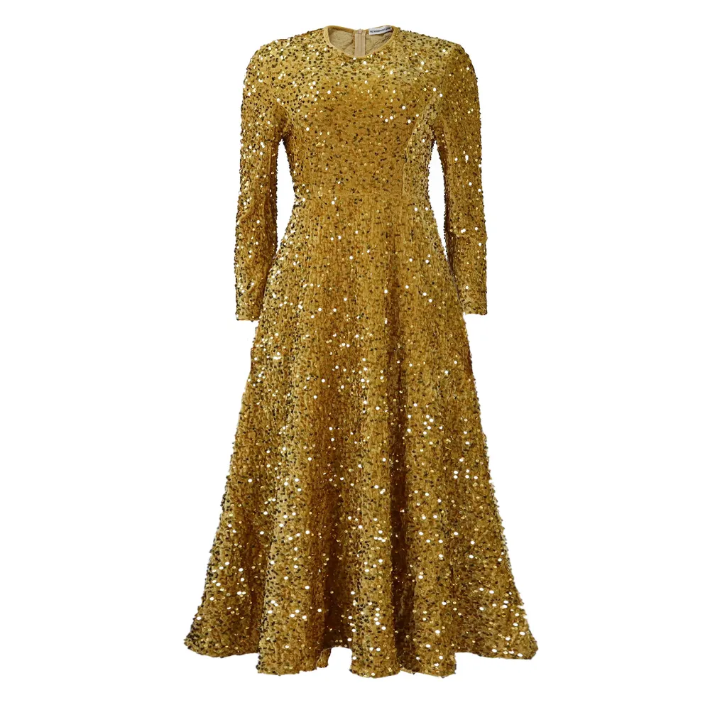 Round Neck Long Sleeve Solid Color Sequin Midi Dress
