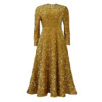 Round Neck Long Sleeve Solid Color Sequin Midi Dress