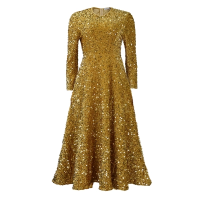Round Neck Long Sleeve Solid Color Sequin Midi Dress 02