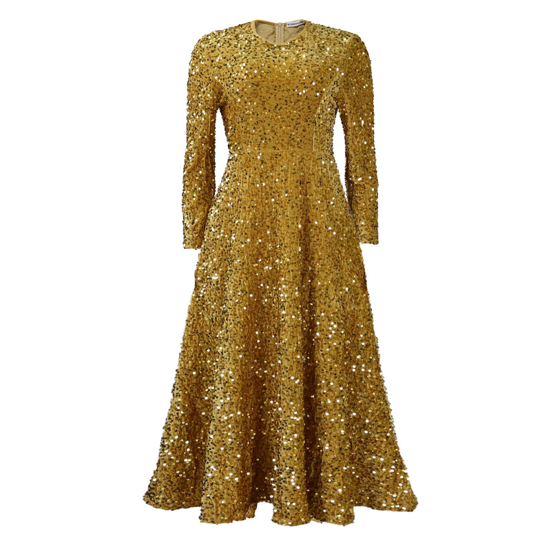 Round Neck Long Sleeve Solid Color Sequin Midi Dress