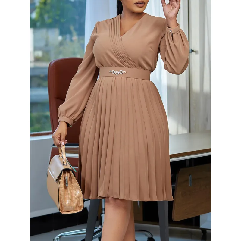 V-Neck Stylish Elegant Solid Color Pleated Dress
