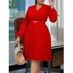 V-Neck Stylish Elegant Solid Color Pleated Dress