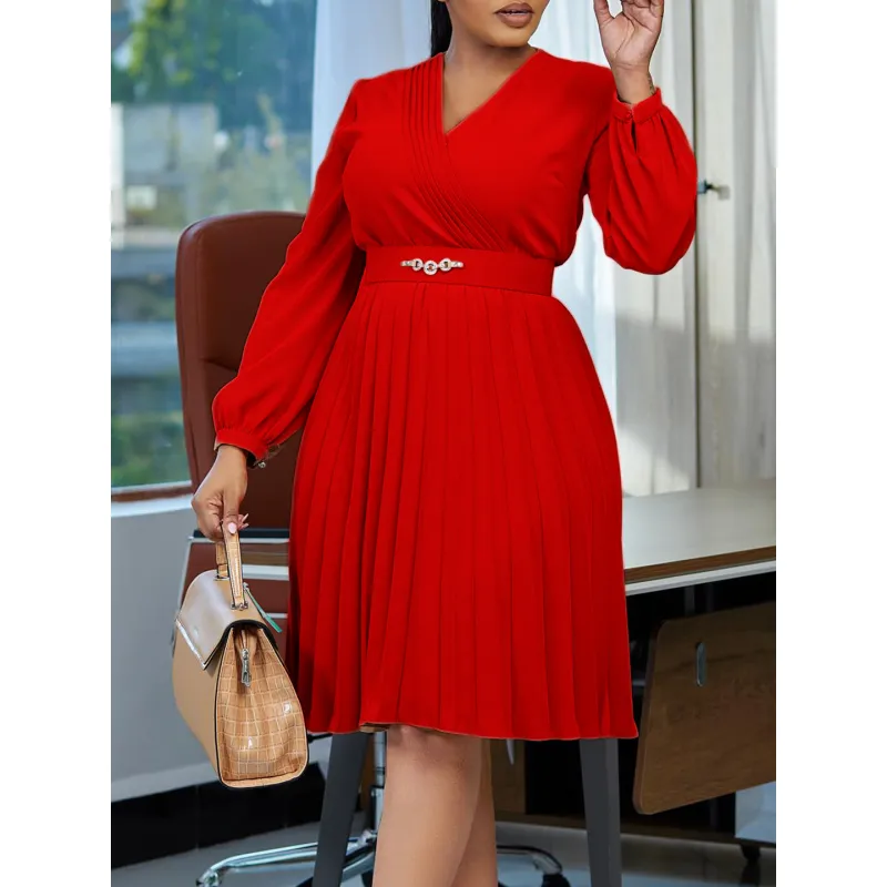 V-Neck Stylish Elegant Solid Color Pleated Dress