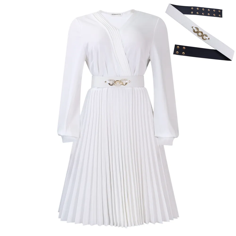 V-Neck Stylish Elegant Solid Color Pleated Dress