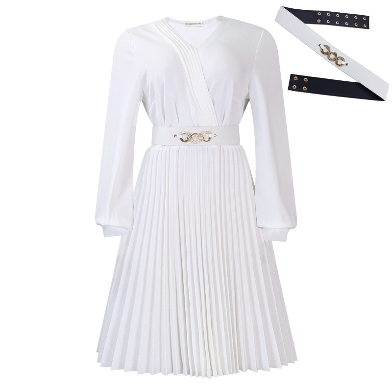 V-Neck Stylish Elegant Solid Color Pleated Dress