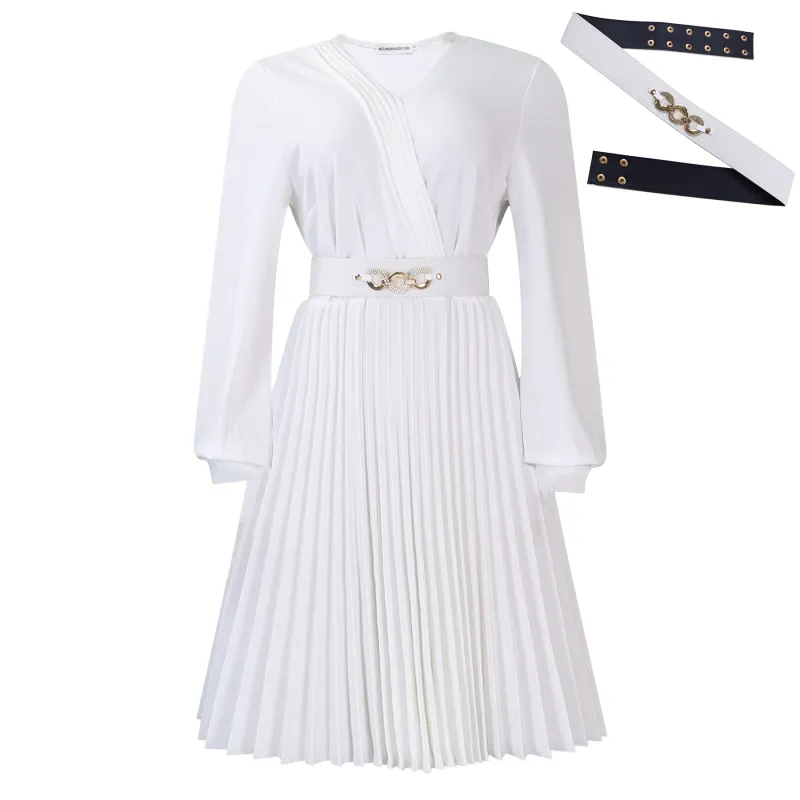 V-Neck Stylish Elegant Solid Color Pleated Dress
