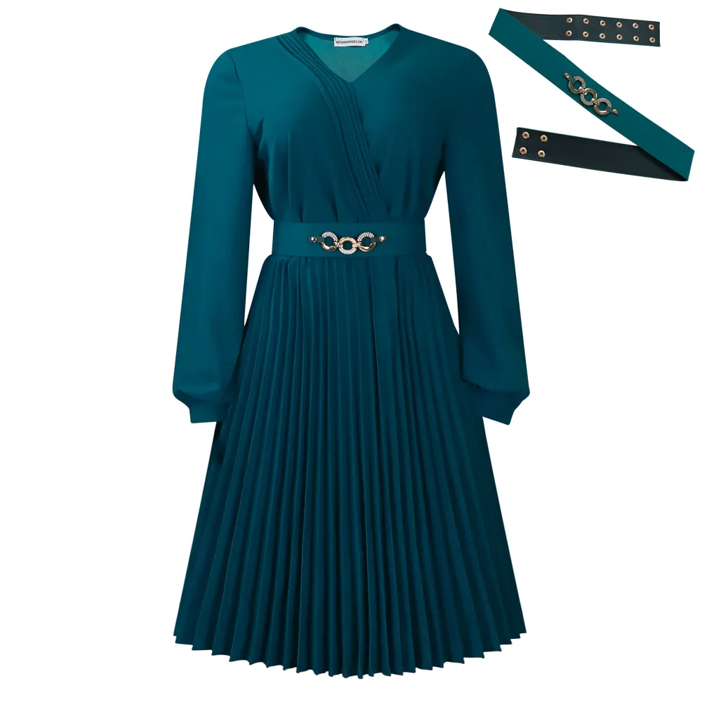 V-Neck Stylish Elegant Solid Color Pleated Dress