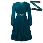 V-Neck Stylish Elegant Solid Color Pleated Dress