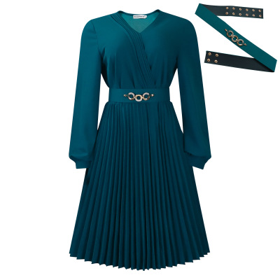 V-Neck Stylish Elegant Solid Color Pleated Dress 02