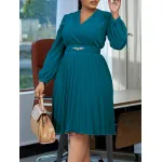 V-Neck Stylish Elegant Solid Color Pleated Dress